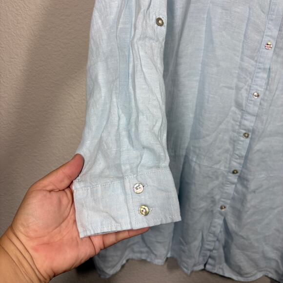 Tahari Essentials 2X Roll Tab Sleeves Linen Tunic Shirt Light Blue Button Up - Picture 5 of 9